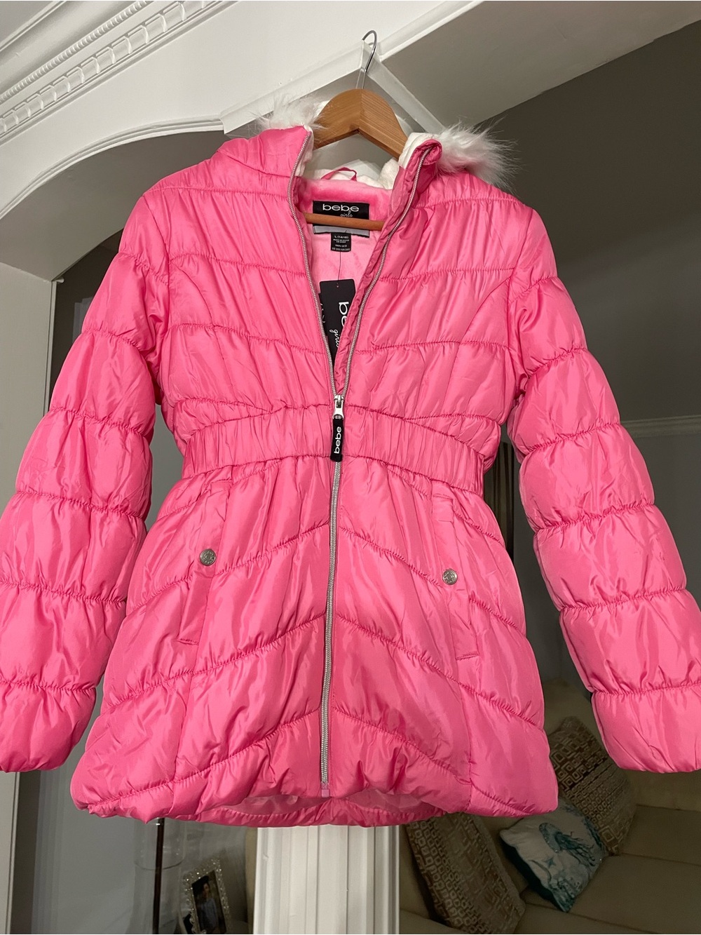 bebe Hot Pink Girls' Puffer Coat with Faux Fur Trim , size L(14-16)